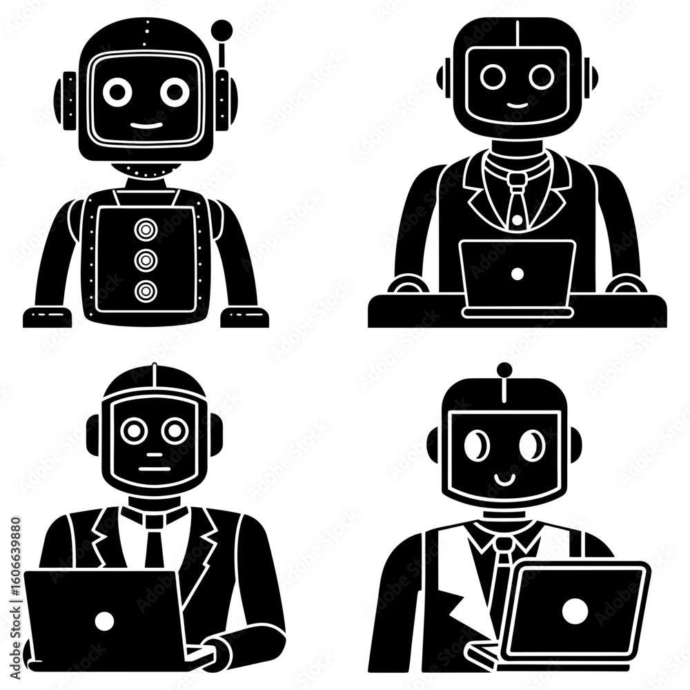 Poster four robots in different styles working on laptops in a black and white vector illustration set up