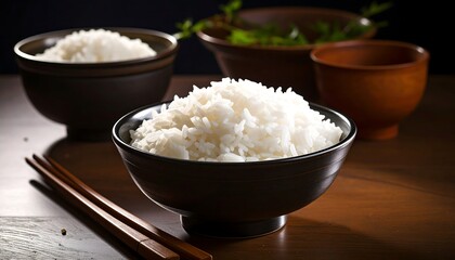 A dark-toned bowl filled with cooked rice, sits on a wooden table