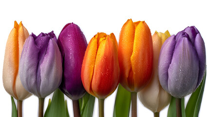 Vibrant Tulip Bouquet: Dew-Kissed Petals in Rainbow of Colors, White Background.