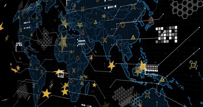 Interface loading world map, spawning gold stars, markers  and  data blocks visualizing network