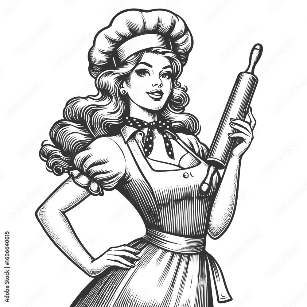 Poster smiling woman in chef attire holding a rolling pin sketch engraving generative ai fictional characte