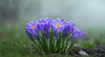 Blue Crocuses in the Rain A Symphony of Spring, Raindrop Trails and Blue Blooms Spring’s Delicate Dance
