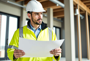 Smiling construction engineer wearing a yellow helmet at an industrial worksite.
