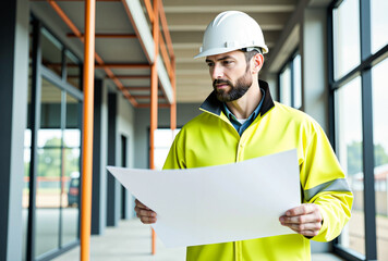 Smiling construction engineer wearing a yellow helmet at an industrial worksite.