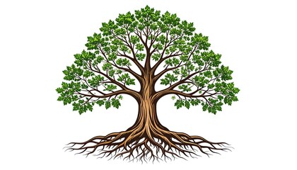 Lush green tree with extensive roots against white background