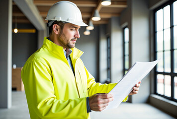 Smiling construction engineer wearing a yellow helmet at an industrial worksite.