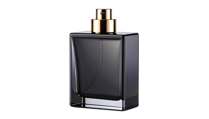 Elegant black perfume bottle on white backdrop