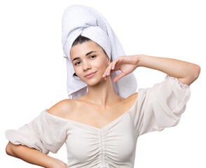 Portrait of young beautiful woman after bath. Beauty face of a cheerful attractive girl with towel...