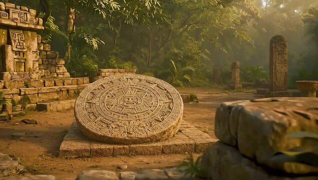 Ancient stone calendar disc tilts in misty jungle ruins at dawn, intricate glyphs and serpents carved in relief evoke Mesoamerican astronomy, ritual power and the relentless passage of time. Unending.