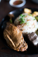 Baked chicken with rice and vegetables. Close up