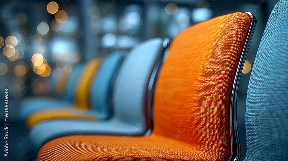 Poster close-up image of colorful, modern chairs arranged in a row with a blurred background featuring boke