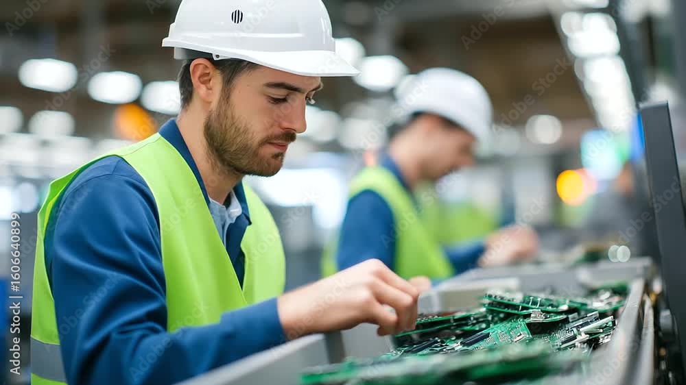 Poster technicians meticulously sort circuit boards on an electronics recycling line.