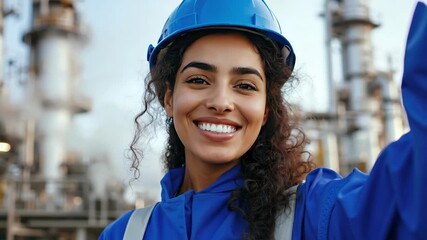 Happy female engineer in blue hard hat waving hand at industrial construction site. Safety equipment and workplace diversity concept for corporate training materials