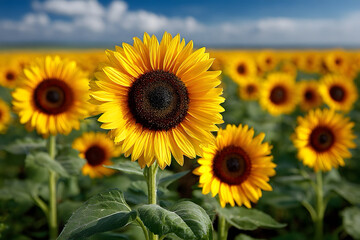 Fototapeta premium A close-up of sunflowers in full bloom under a clear blue sky, symbolizing the peak of summer in August