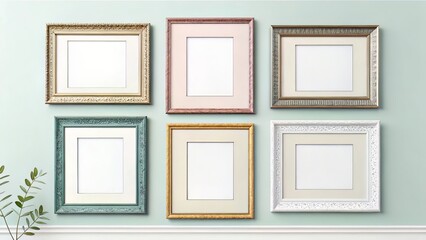 Grid of Five Frames on Pastel Wall in Varying Sizes and Colors with Blank Centers