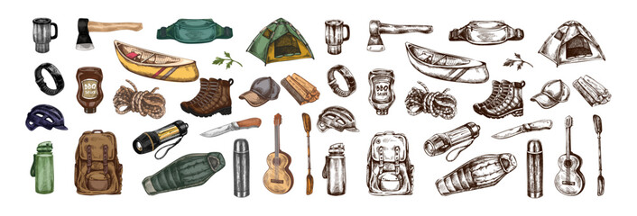 Hand drawn vintage sketch of camping and hiking gear set in color and monochrome version, isolated vector illustration