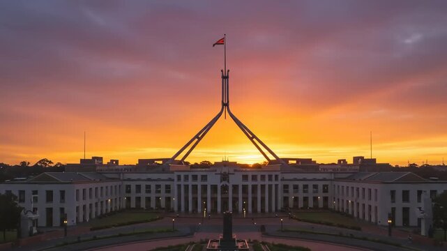 Sunset over Parliament House with vibrant sky colors