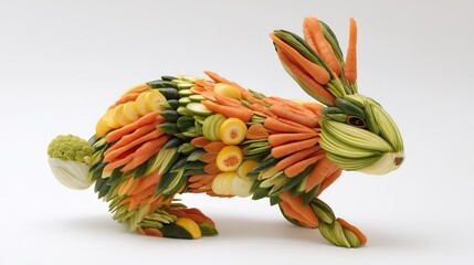 Creative vegetable sculpture: A rabbit made from fresh carrots, zucchini, and squash