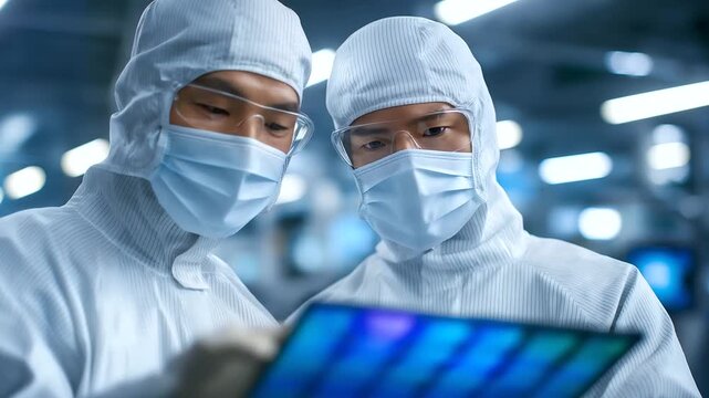 Technicians in a cleanroom meticulously examine a silicon wafer at a semiconductor plant.