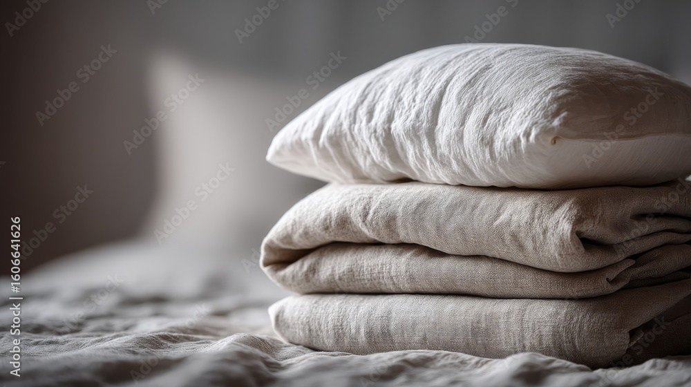 Poster neatly folded beige linen sheets and a pillow stacked on a bed with soft, natural lighting creating 