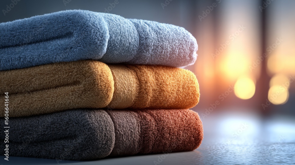Poster three neatly folded towels in blue, orange, and brown stacked on a surface with warm lighting in the