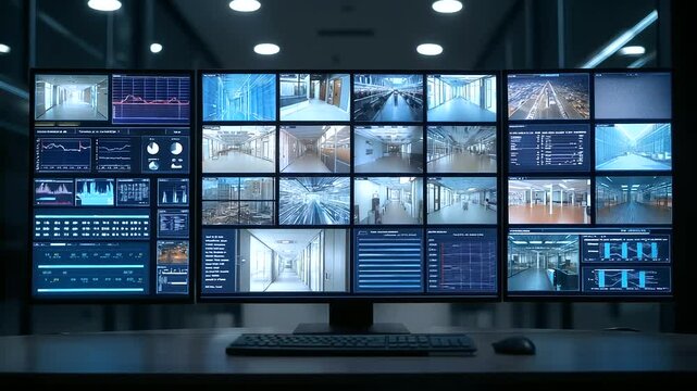 Comprehensive security dashboard showcasing live CCTV feeds and control room operations.