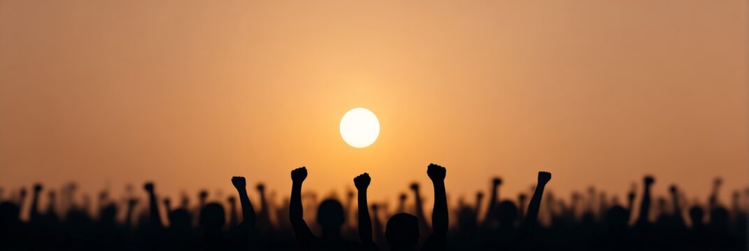 Silhouetted crowd raising fists in protest at sunset, symbolizing the fight for rights, freedoms, and social justice against government oppression and immigration raids