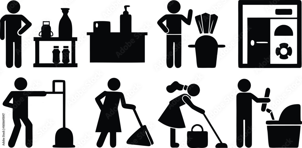 Poster vector art of a group of black stick figure icons illustrating people performing cleaning tasks with