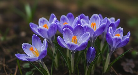 Blue Crocuses Sparkle Spring Rain’s Gentle Touch, Raindrop Jewels Blue Crocuses Awaken in Spring