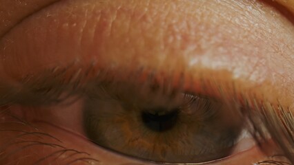 Macro shot of human eye with visible blood vessels and eyelashes