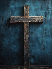 Wooden cross on textured blue background.