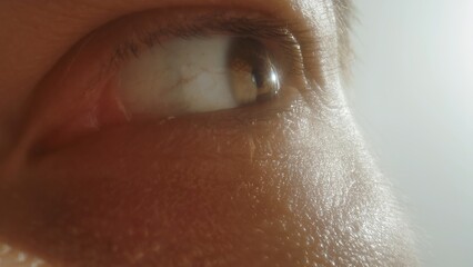 Human eye close up with dramatic side lighting and skin texture