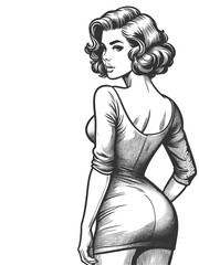 confident woman in a fitted dress, looking over her shoulder with a glamorous expression sketch engraving generative ai fictional character vector illustration. Scratch board. Black and white image.