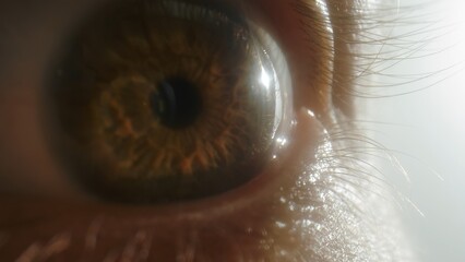 Human eye close up with dramatic side lighting and skin texture