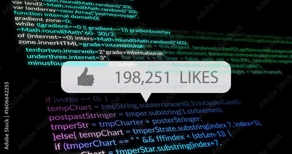 Poster fading in bubble overlay updating likes per second on code background showing engagement growth