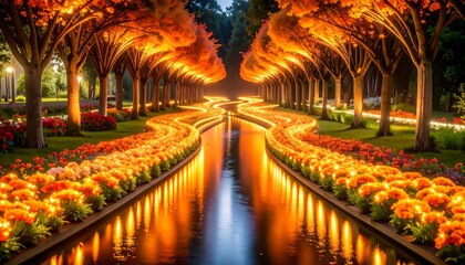 Glowing Canal Lined with Trees and Flowers at Night
