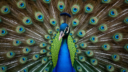 Obraz premium Peacock feathers vibrant display. Ultra realistic peacock feathers fanned out. Stunning peacock feather images. Nature’s beauty in peacock feathers.