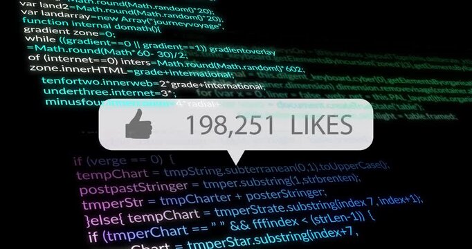 Fading in bubble overlay updating likes per second on code background showing engagement growth