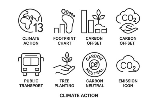 Climate action icons: footprint chart, carbon offset, tree planting, public transport