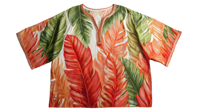Vibrant colorful leaf pattern on a modern shirt, stylish design for nature lovers.