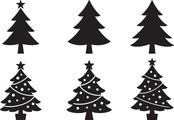 Stylish christmas tree set in flat black festive bundle Silhouette Vector and illustration collection
