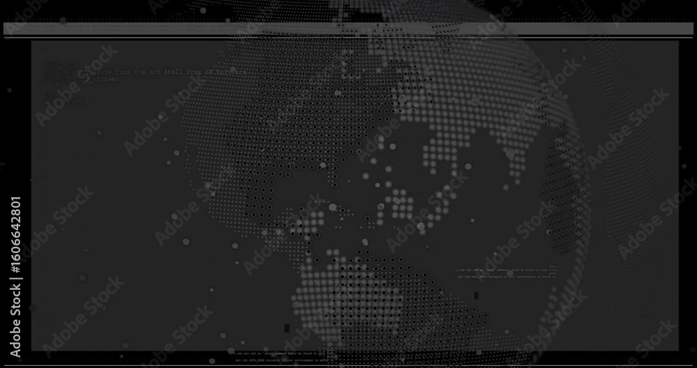 Poster glitch bands initiating digital globe rotating eastward while data points streaming visualization