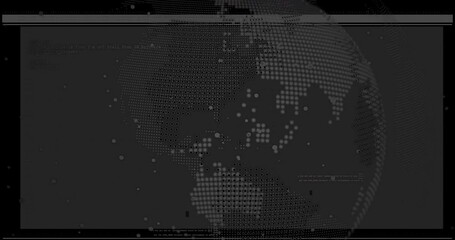 Glitch bands initiating digital globe rotating eastward while data points streaming visualization - Powered by Adobe