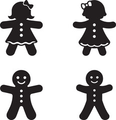 Cute man and woman gingerbread set in flat black festive bundle Silhouette Vector and illustration style

