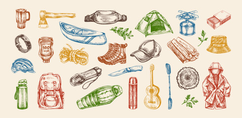 Hand drawn vintage sketch of colorful camping gear and hiking equipment set in retro line style, isolated vector