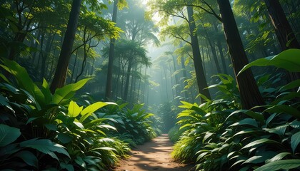 A path through a lush green forest with tall trees and bright sunlight filtering through the canopy
