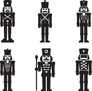 Traditional nutcracker soldier set in flat black bundle style Silhouette Vector and illustration artwork