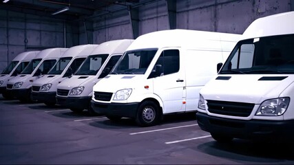 Row of white commercial delivery vans parked in warehouse garage facility. Fleet management and logistics transportation for delivery services and shipping business horizontal video