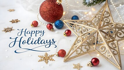 A Christmas card with festive decorations and holiday ornaments