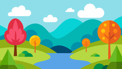 Naklejka premium Cartoon Valley with Colorful Trees and Lake